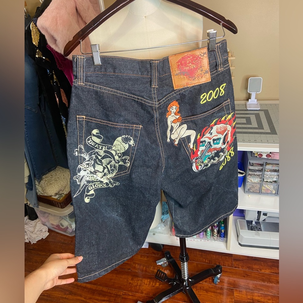 LAST CALL Y2K ED HARDY EMBROIDERED JEAN SHORTS